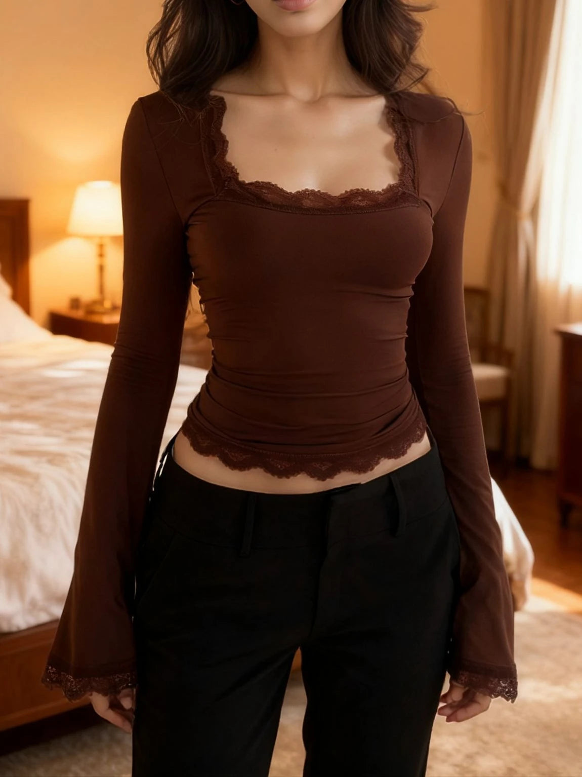Velora Lace-Trim Long Sleeve Top
