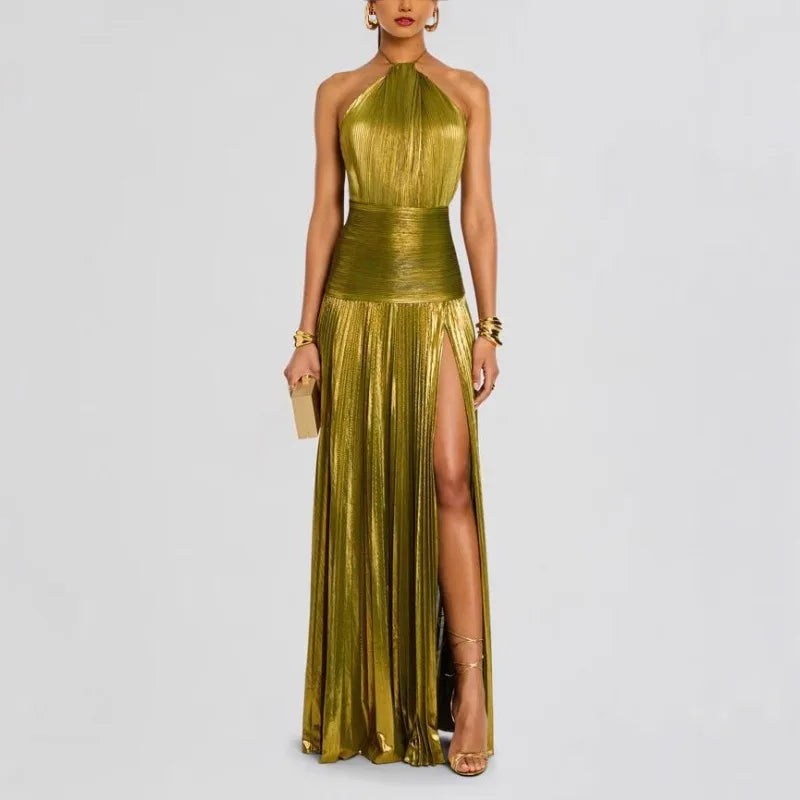 Aurora Gold Halter Maxi Dress