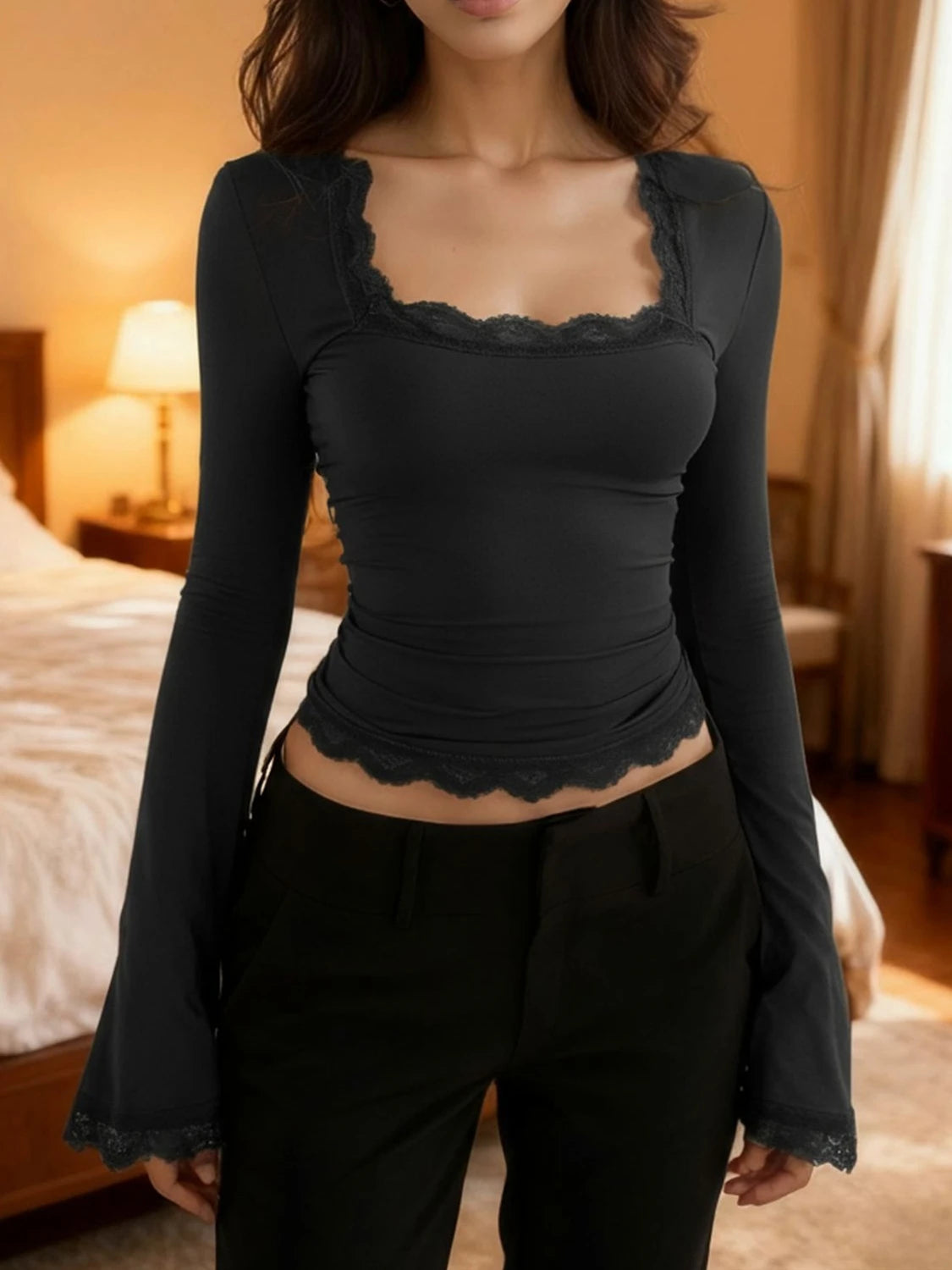 Velora Lace-Trim Long Sleeve Top