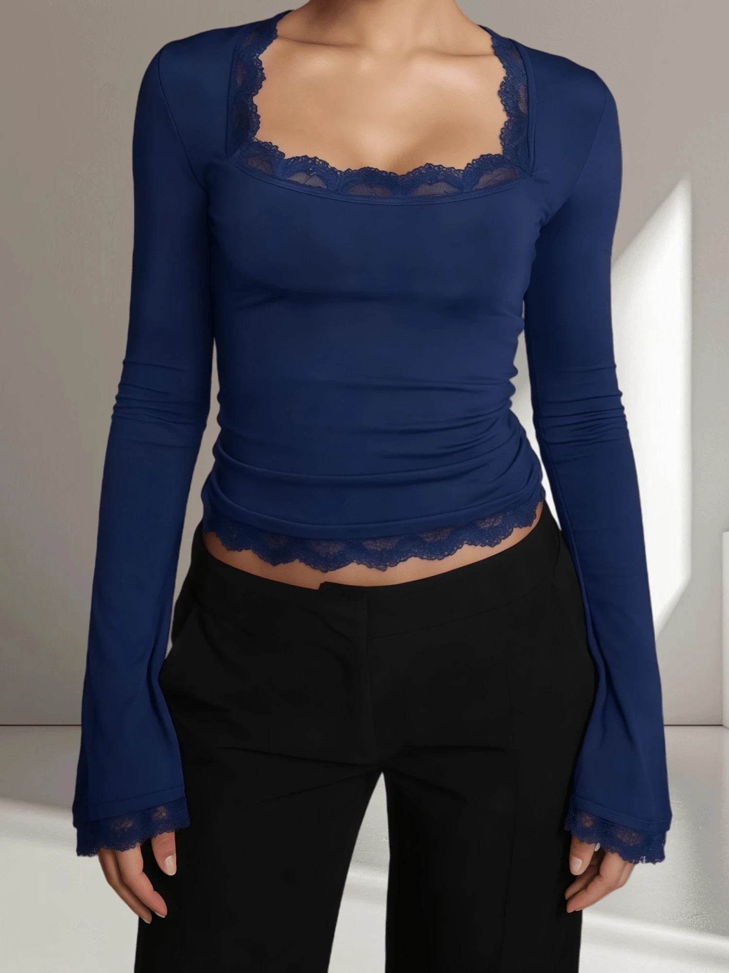Velora Lace-Trim Long Sleeve Top