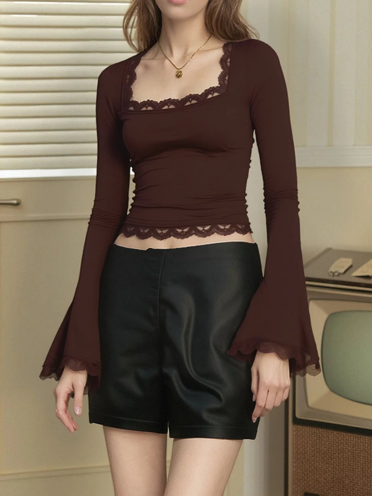 Velora Lace-Trim Long Sleeve Top