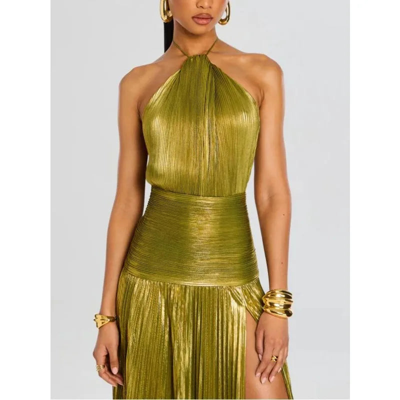 Aurora Gold Halter Maxi Dress