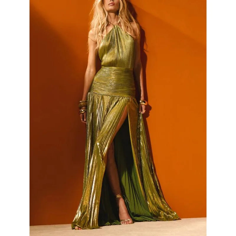Aurora Gold Halter Maxi Dress